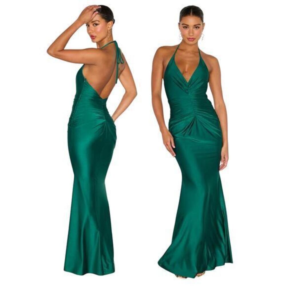 Lulus Zaniya Emerald Green Ruched Halter Maxi Dress size XXS NWT
